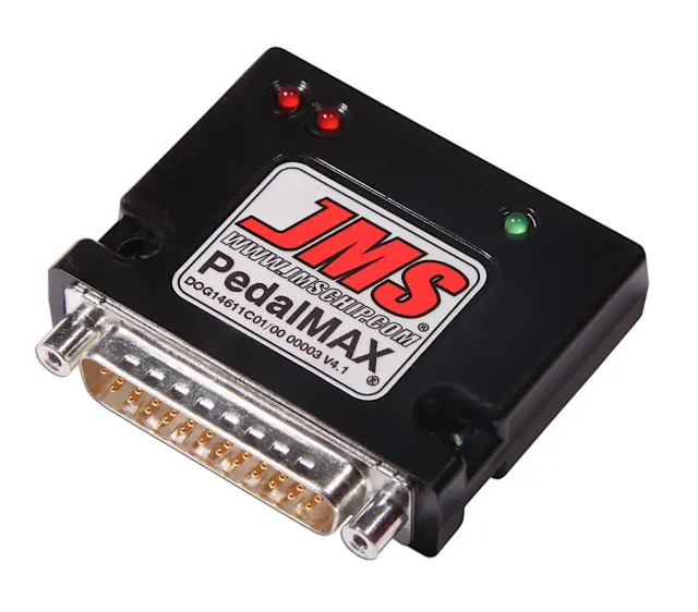 A closeup of the JMS PedalMAX reveals its proprietary hotmelt-molding process, which encapsulates the printed circuit board and connections in a small protective housing.