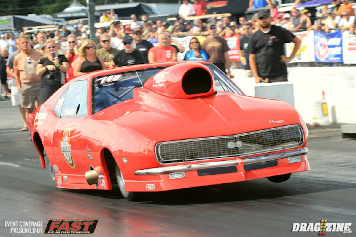 Cecil County track owner Jim Halsey is racing Pro Mod this weekend. He shook quite a bit on this pass but drove through it to a 4.32 at 139 shutting down just past half track.