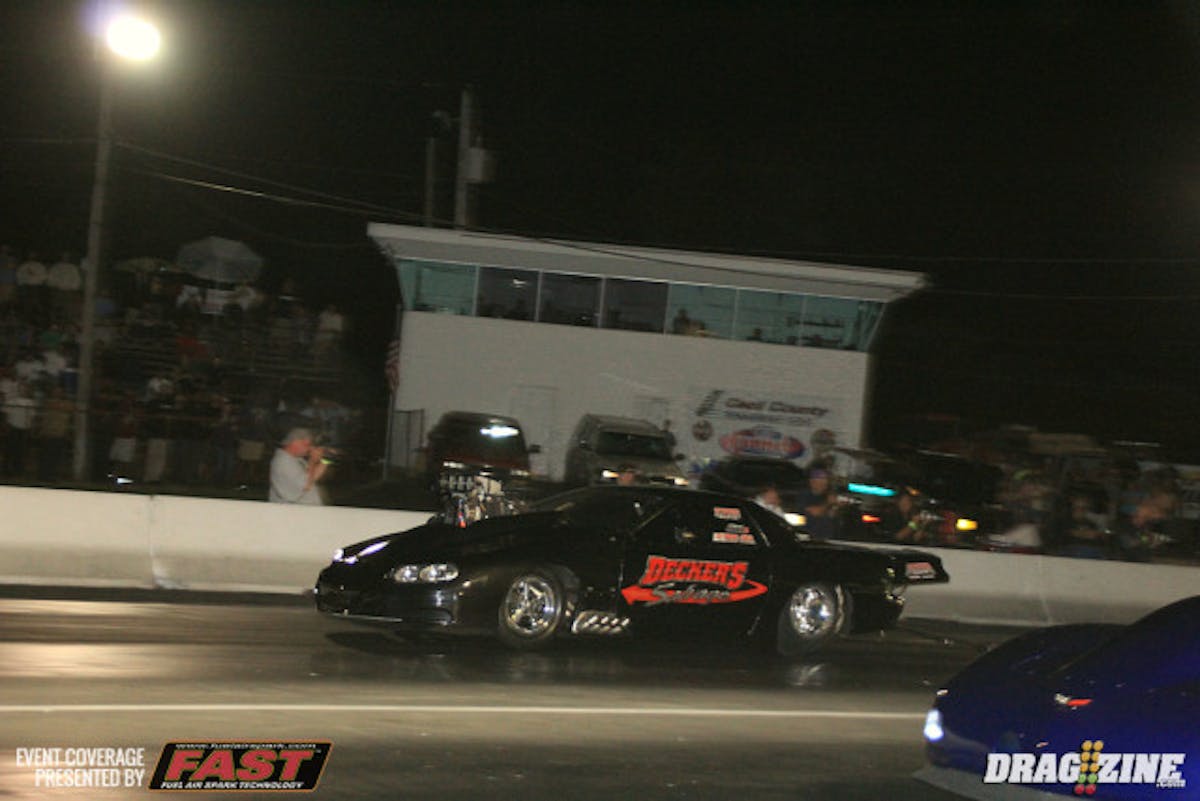 Mike Decker Jr. attempted to qualify both the team cars landing third with a 4.04 at 189 in the 1968 Camaro after the Vette lost a blower belt at the hit early in the OL 10.5 session.