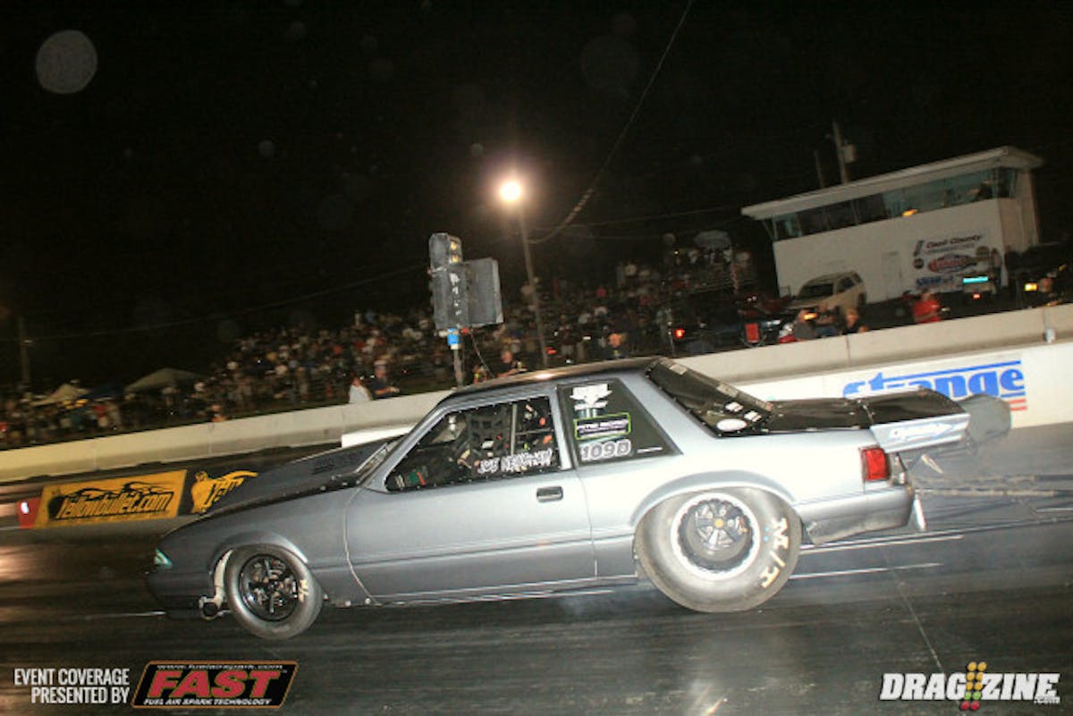 Joe Newsham put his 1992 Mustang in fourth position so far earning high MPH for the session with a nice 4.085 at 198 MPH blast.