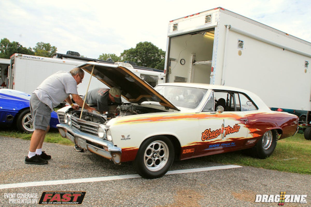 The Cheap Thrills Chevelle is part of a father son team owned by Wayne Good and driven by his son Mike. They have two cars here with both racing in the 8.50 Index class. Power comes from a Jason Risser built big Chevy. The car has been a race car since 1970 where Wayne ran NHRA Super Stock I with a 325 HP 396 for four or five years before moving to bracket racing, then Super Gas. The car is now powered by a 582 cubic inch big Chevy and runs 8.80's.