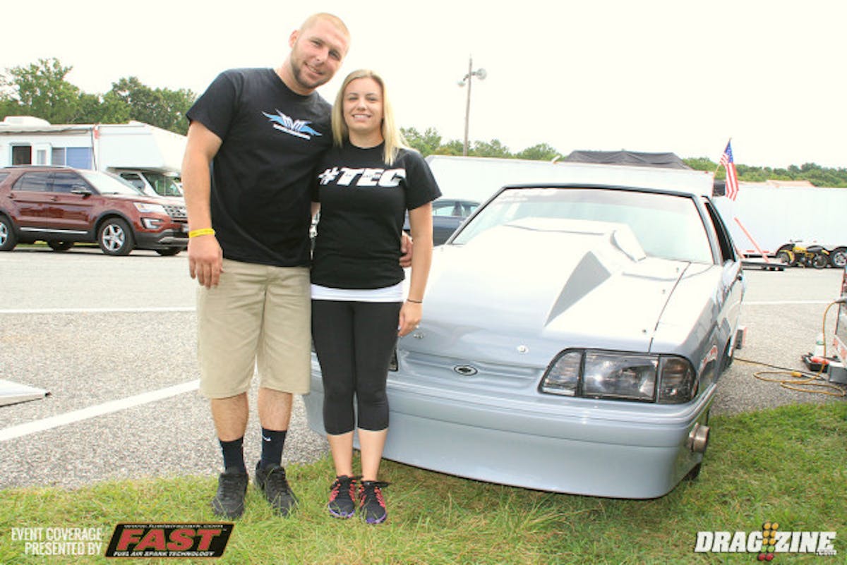 Zach Obert runs this clean Fox in 8.50 Index based out of Runnemede, New Jersey and is a long time participant here at the Yellow Bullet Nationals. Power comes from a Cunningham Competition Engines and Cylinder Heads built small block Chevy. Zach purchased the car with a ten point cage and had Gary Naughton update it to 25.5 certification good for 7.50. He moved to drag racing about 5 years ago after breaking his femur racing motorcross. He is here with his girlfriend Nicki Garano who is leading the 10.0 Index points at Atco.