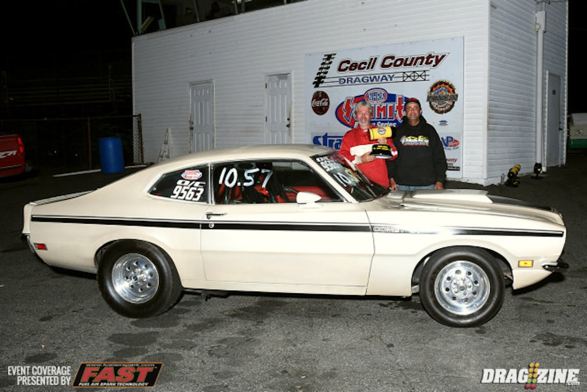 In Pro Dial it was John Voshell from Townsend, Delaware  in his 1971 Comet against Matt Ricchezza based out of Cherry Hill, New Jersey driving a 1993 Form Mustang. Voshell was better on the light with a .031 reaction, solidly better than his opponent.  Voshell was on a 10.57 dial in Pro Dial running just over with a 10.587 scoring a win as Ricchezza broke out playing catch up with a 10.26 on a 10.29. 