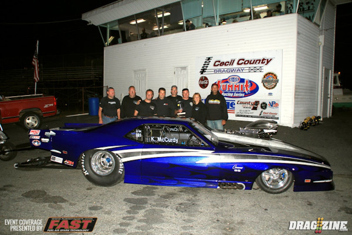 Kevin McCurdy faced off with Jim Halsey in the Pro Mod final and was away first with a .049 reaction time to Halsey's .077. Halsey would struggle with traction on the run drifting right and brushing the wall with the bullhorn and slowing to a 4.20. McCurdy went down with a 3.85 at 192 earning the event win at the 2016 Yellow Bullet Nationals.