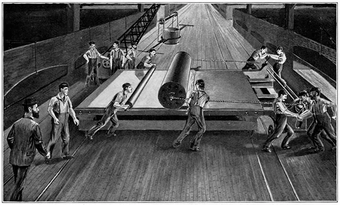 Artist's rendering of plate glass production, circa 1900. Image: Corning Museum Of Glass