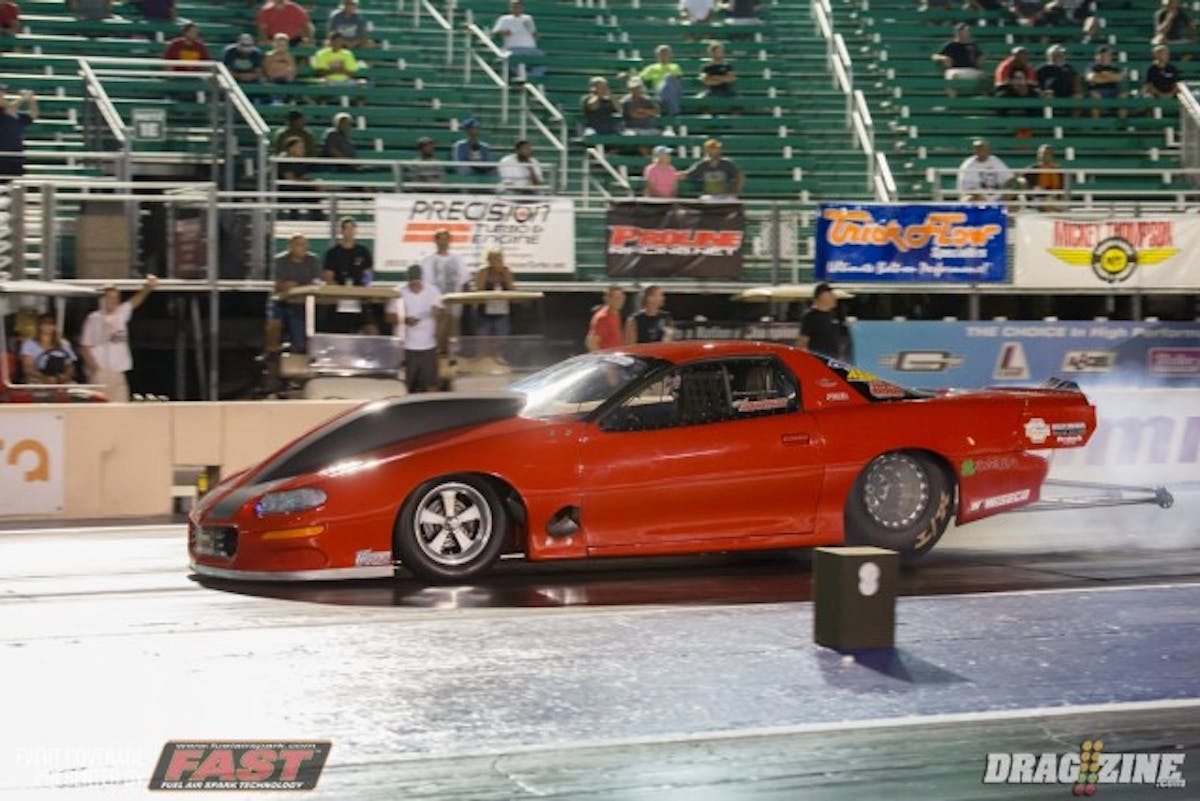 Nick Agostino went off-roading into the sand trap after his 4.09 pass during Q2 of Outlaw 10.5. The 195 mph he laid down ended up being the fastest of the session.