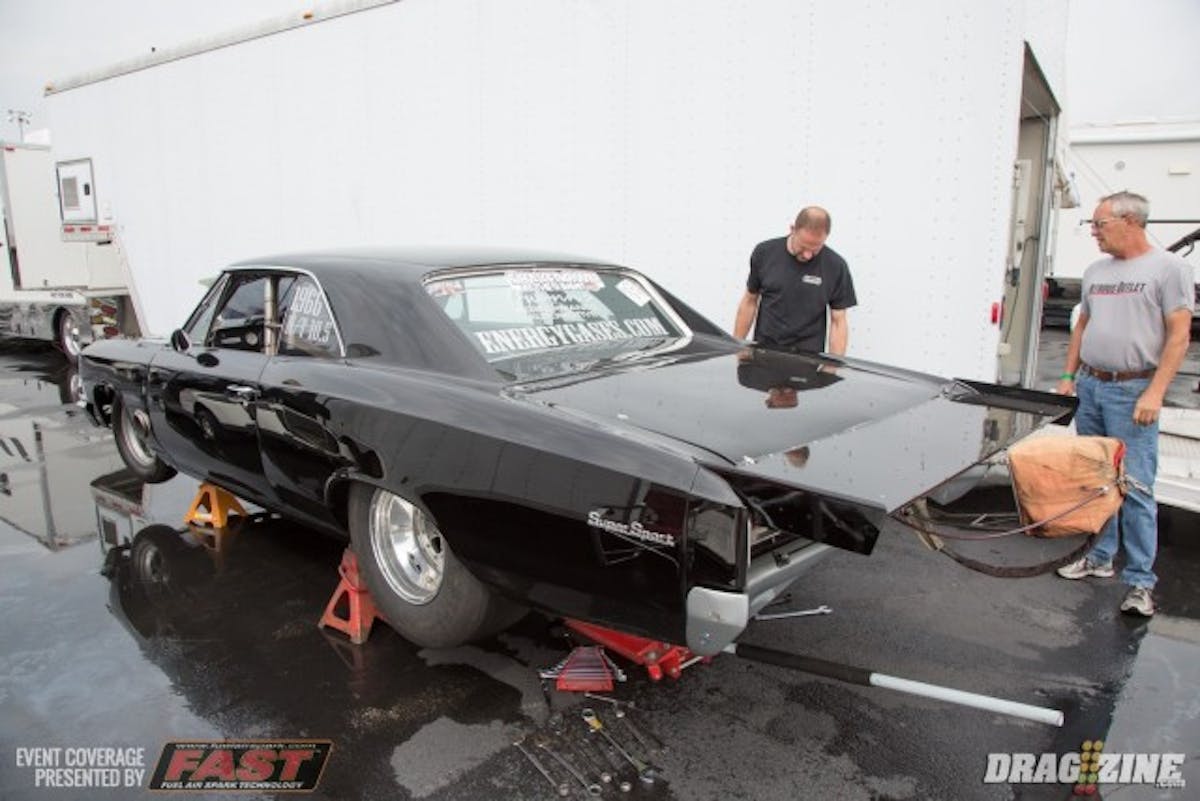 Outlaw Limited Street racer Mike Gwynn is trying to get some suspension issues sorted out with his 1966 Chevelle. This is one of his first times on radials and the car keeps trying to drive to the right. After Gwynn gets the suspension sorted out he plans on really pouring on the power. 