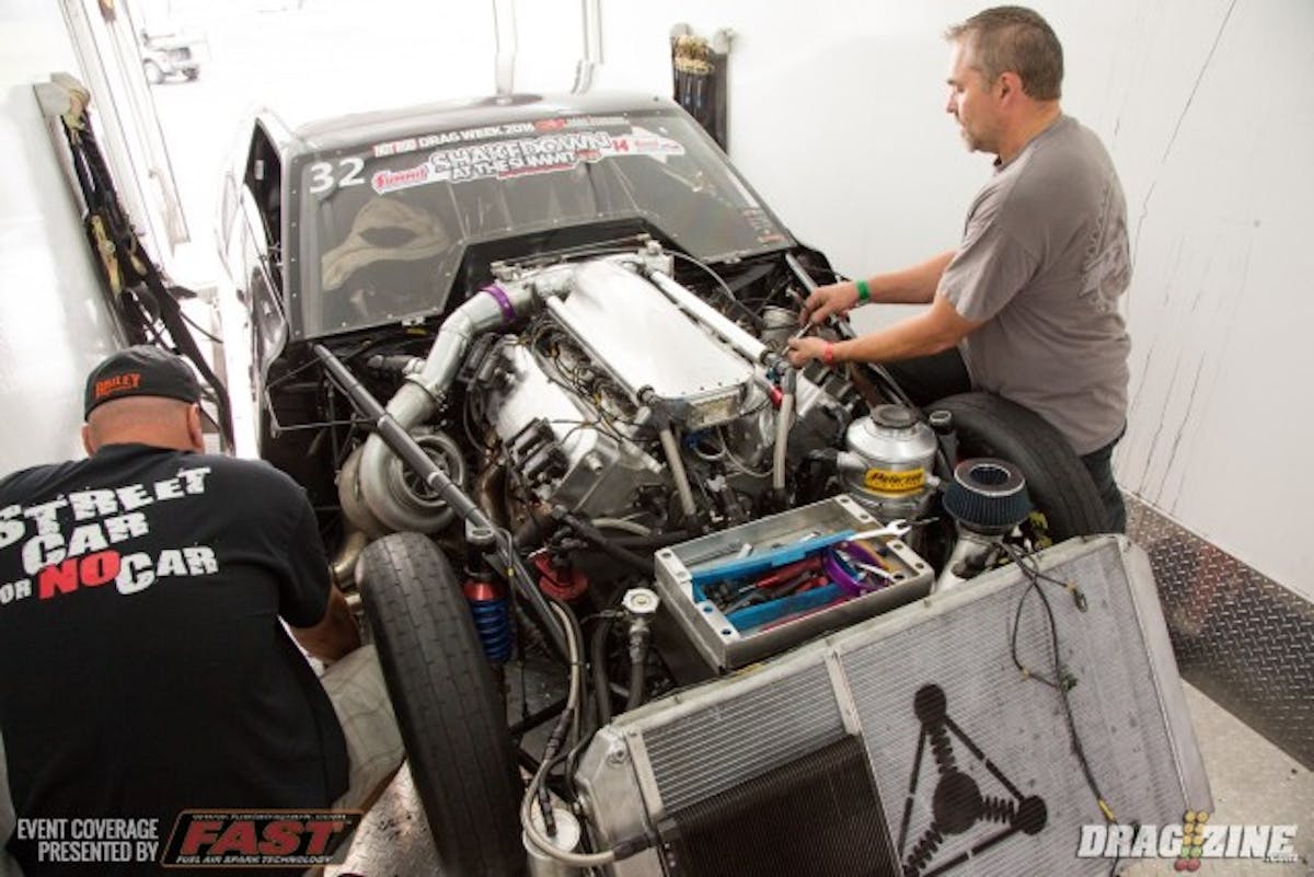 Tom Bailey and Steve Morris were doing some between round maintenance on his Camaro for today’s Outlaw Pro Mod session. The car has been working well and they plan on turning it up a bit for Q3. It' just a little street car...