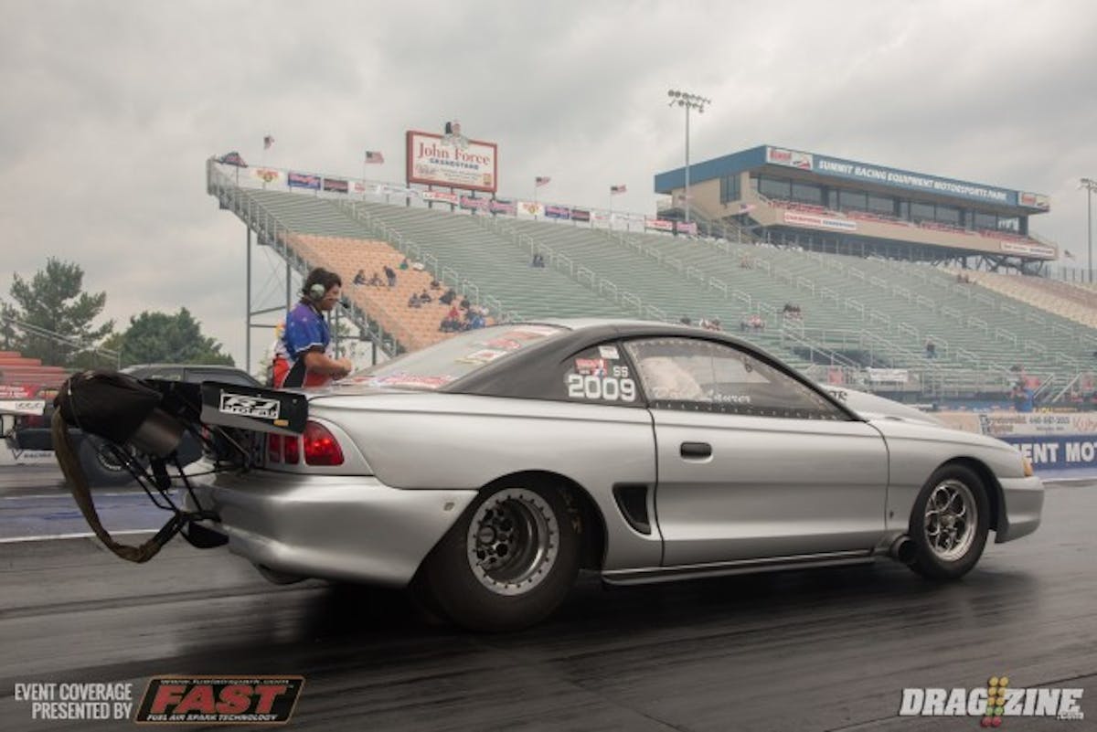 Dave Laurer ran a new best of 4.78 during the third qualifier of Outlaw Limited Street in his twin turbo Mustang. The car left fairly soft then roared to life down track, really pouring the power on during the back half of the run.
