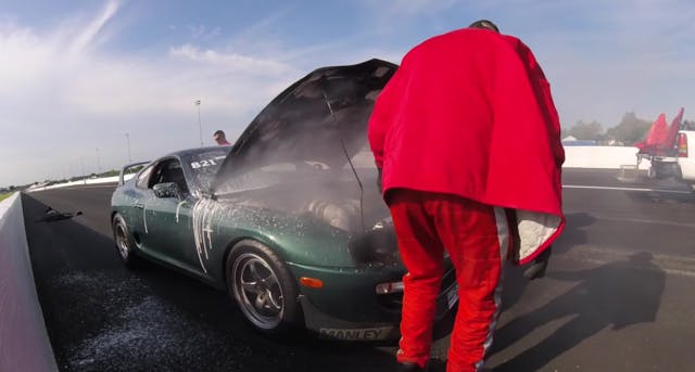 Fire is never fun, but, the safety team at Lucas Oil Raceway was right on top of the flaming Supra after yet another 7-second pass, even with engine failure.