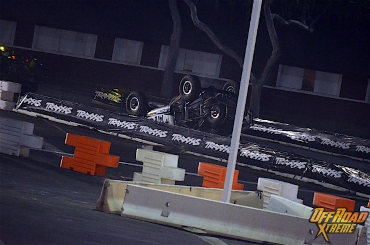 There will always be carnage in off-road racing. A Class 1400 driver ended up on his lid during the race on Saturday.