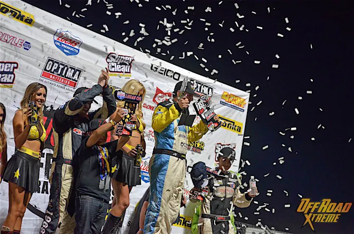 Darren Hardesty on the podium, something that should have happened the night before, but a bad crash kept him off.