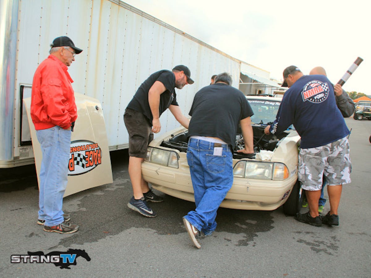 John Kerr from Race Parts Solutions is here debuting his new car in Factory Stock. We happened by Kerr during a tech inspection for the class where Lonnie Grim is pumping the engines to check cubic inch. Kerr runs “The Brawler” 1992 Mustang prepped in house with a mild engine sourced from a  from a low mileage 2013 truck and built by MPR Performance. To save weight Kerr fitted the car with a full aluminum exhaust with Kooks stainless headers.“This is my first event with the car and it hasn't made a full pass down the track yet so it will be an experience tomorrow to see how it does.” Kerr said. Sponsors on the car include Heatshield Products, UPR Suspension, Frank Lupo's Dynamic Transmissions and Converters, Mishimoto, and is equipped with Race Parts Solutions silicone hoses and a full MSD ignition.  A Diablosport Trinity tuned is used to modify the factory ECM tunes.