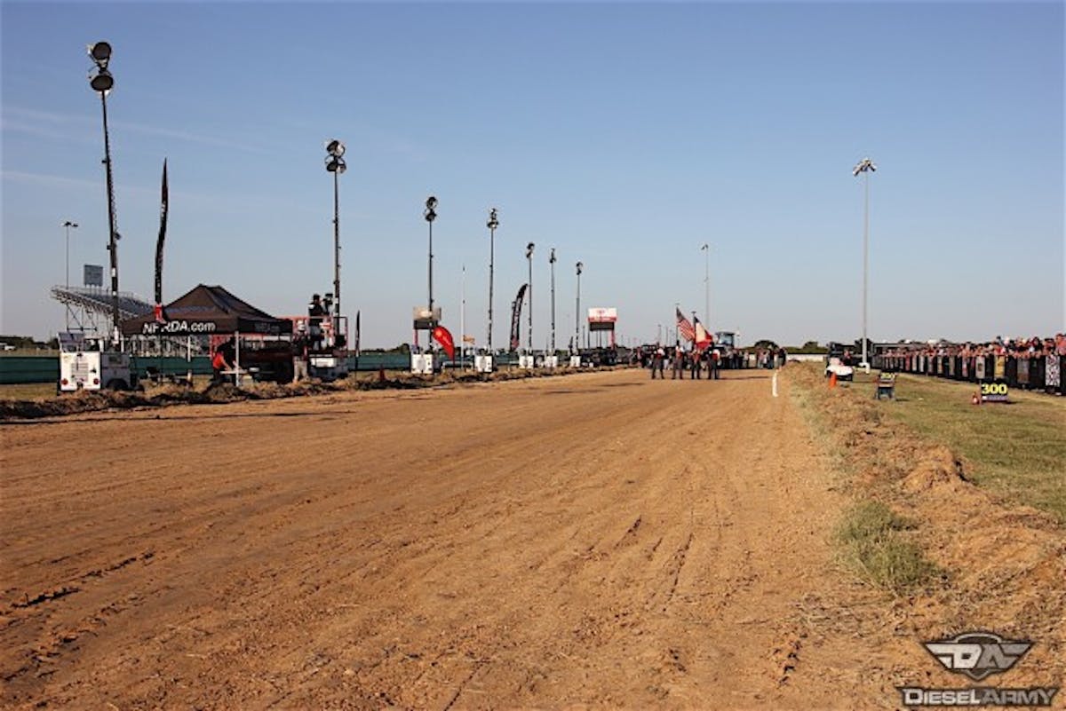 Looking out from the end of the 300-foot mud track for sled pull event.