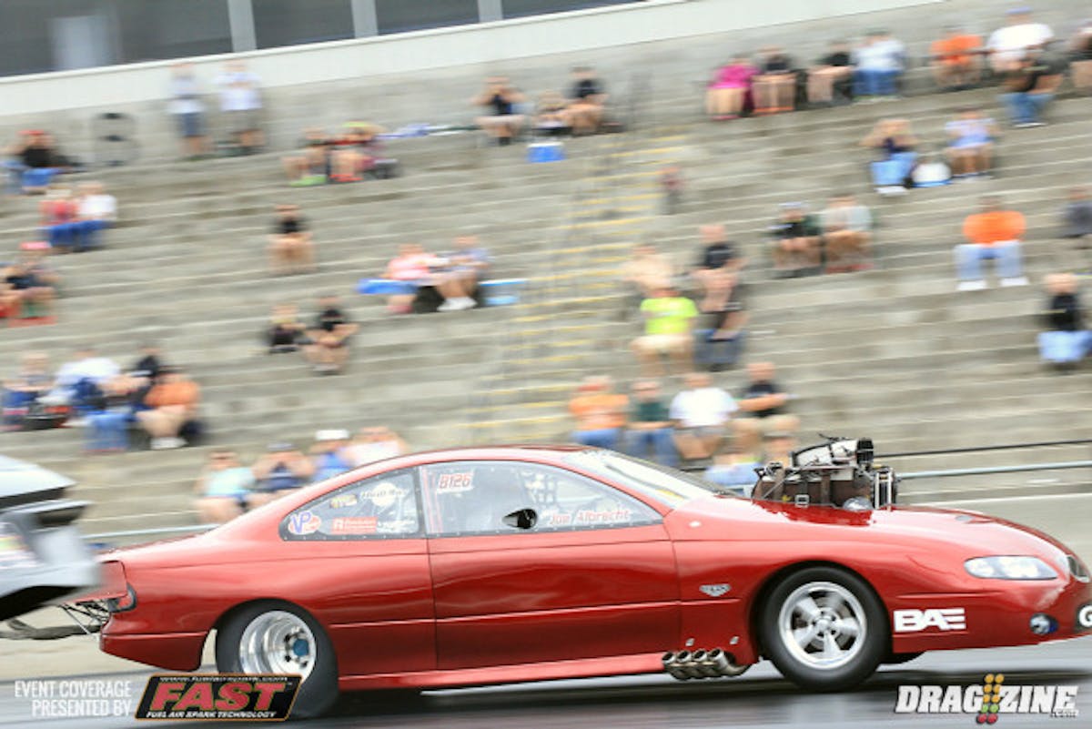 Joe Albrecht improved on his earlier run with a 3.83 at 196 this session, a new best for the Resolution Racing Tuned AL-LEE Installations owned GTO. You can just see Tim Wiley's fender in the corner of the shot as he was hanging the front end high.