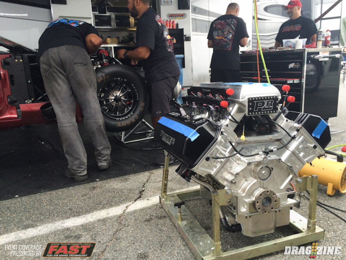 Along with the Woodruff camp, Andrew Alepa's team was also changing out a motor this afternoon after damaging the rods on their 3.82-second lap. Alepa pointed out the externally visible damage to the oilpan, but was unsure of whether the rods were broken or bent. Regardless, a new Pro Line bullet will be powering the car in the morning.