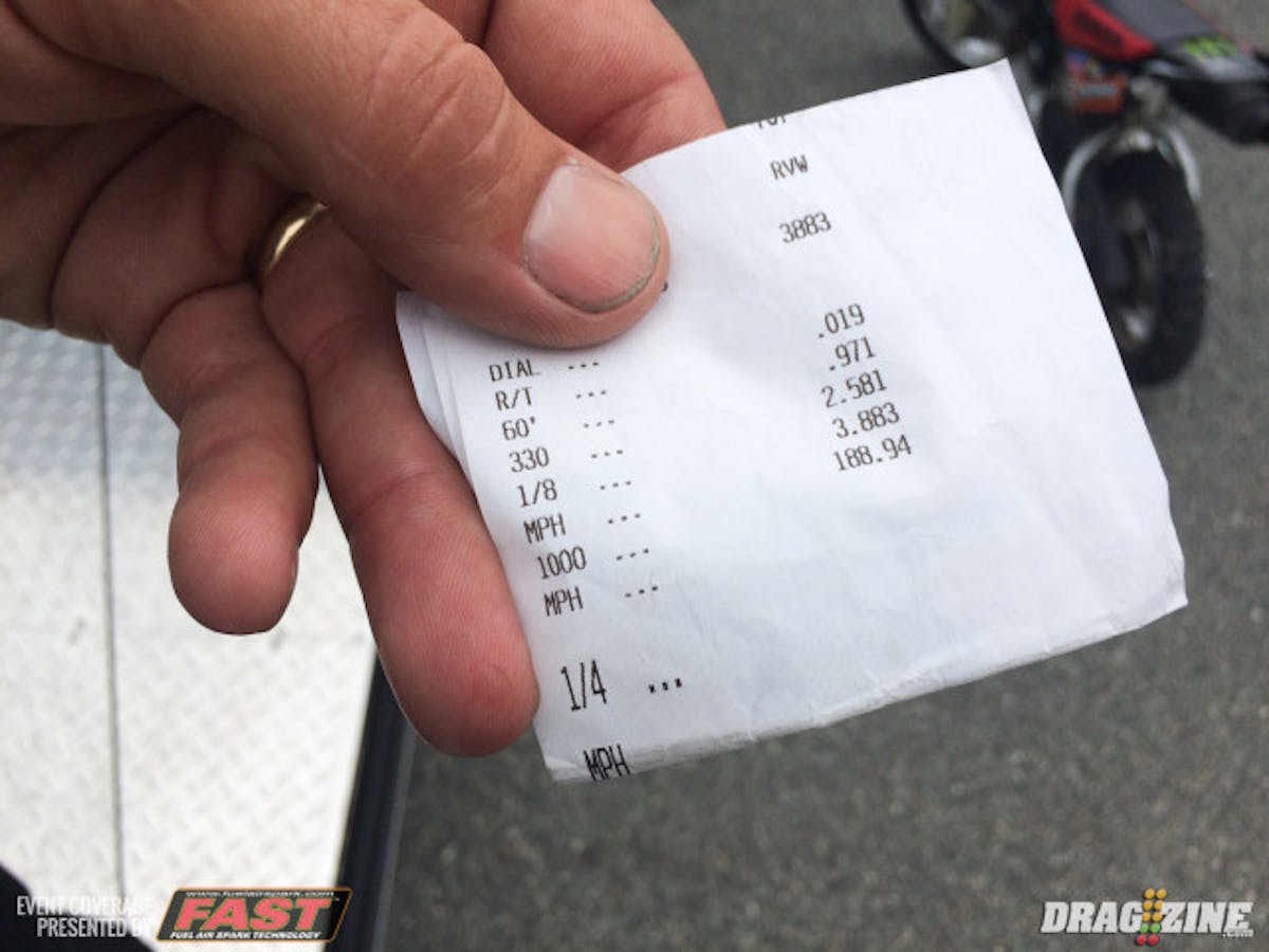 Marty Stinnett fortunes went from the highest of highs to the lowest of lows during his run this morning. After cranking off a career best and small-block radial record pass of 3.88 -- a number he says he saw with elation on the scoreboard as he went through the traps -- the car turned left and took a violent tumble in the shutdown area. Stinnett said the strong headwind was "certainly a contributing factor," but alluded to some nose-heavy weight balance as a possible element that led to the accident. Nonetheless, the likable driver said he had no ill effects from the crash, and is already receiving an outpouring of support from those here at SGMP, who have been buying up tee shirts in mass quantities and even offering parts for the rebuild effort. Showing the prowess of his new small-block Chevy combo, his 2.581-second 330-foot clocking is thought to be the quickest ever for a radial car, although that's unconfirmed.
