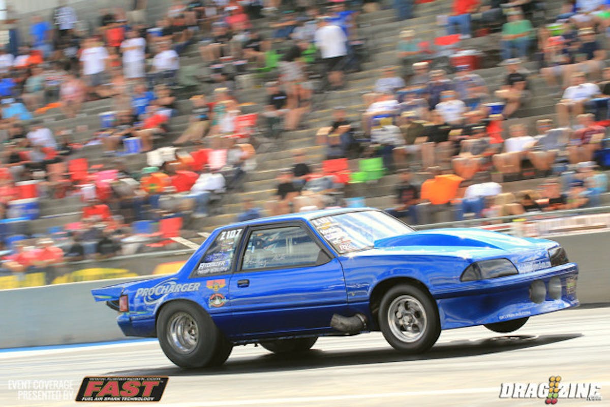 Mustang Mike Modeste is pulling double duty in his ProCharger-fed Mustang this weekend in both Pro 275 and Outlaw Drag Radial. He's fared better in ODR with a third-best 4.22, but has mustered only a 5.85 for the 24th spot in Pro 275.