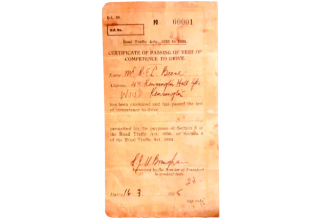 Mr. R Beere was the first to pass the, initially voluntary, driving test in 1935.