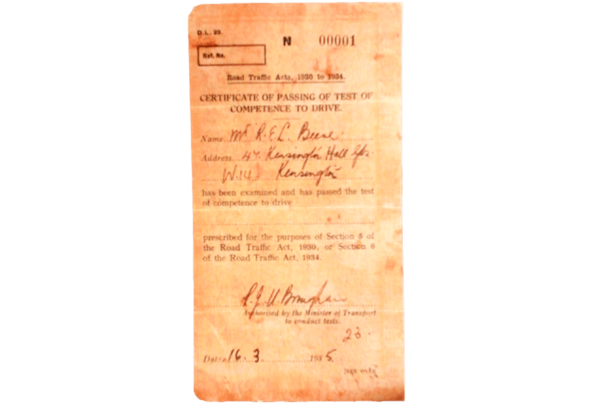 Mr. R Beere was the first to pass the, initially voluntary, driving test in 1935. 