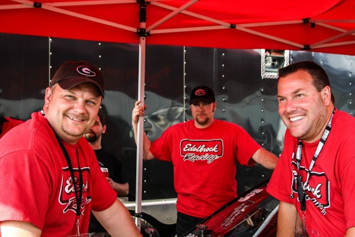 In the heyday of the NMRA's Pro 5.0 class, Johnson worked closely with Joe Morgan (center) and crew chief Tom Sanders on their nitrous-injected big-block Mustang.