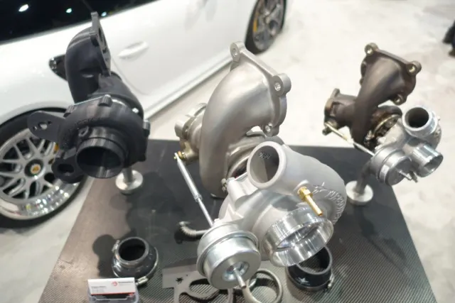 Center stage in this display is the new drop-in replacement EcoBoost Mustang turbo from Turbonetics. It looks to handily out-perform the stock turbo (right) while offering an easy installation. On the left is a rapid prototype of the company’s forthcoming Focus RS turbo upgrade.