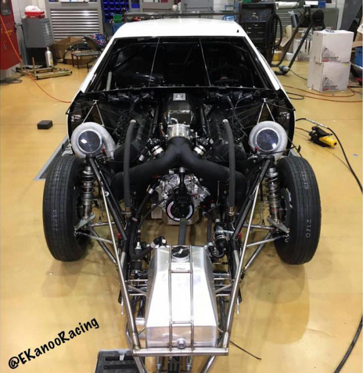 Just a few days ago, the Pro Line Racing HEMI was stuffed between the frame rails and partnered with the twin Precision turbochargers.