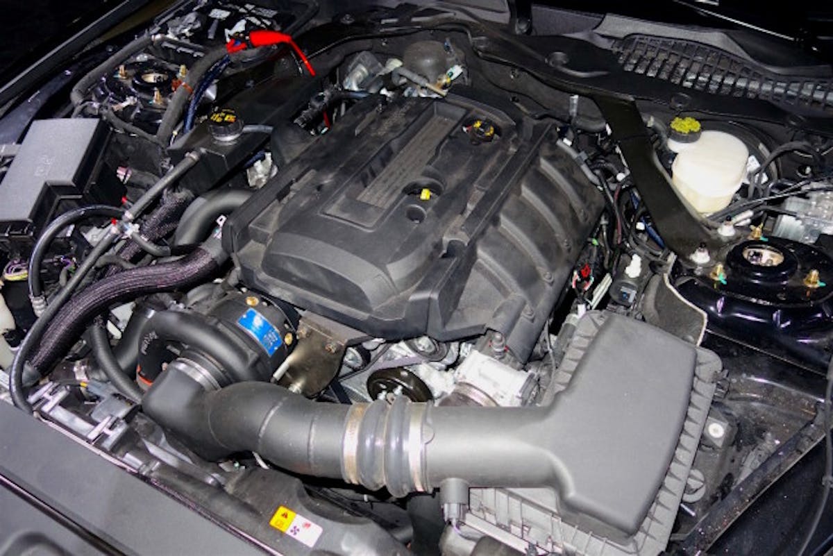 What do we have here? Is that a Vortech supercharger boosting a turbocharged EcoBoost 2.3-liter? It sure is. MRT wanted to stand out at The SEMA Show, and this combo definitely turned some heads.