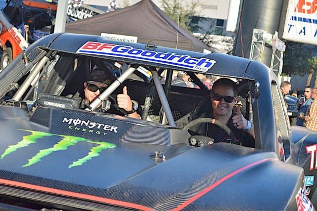 Driver Ryan Arciero (right) and navigator John Tondro (left) getting ready to head to qualifying from the SEMA Show.