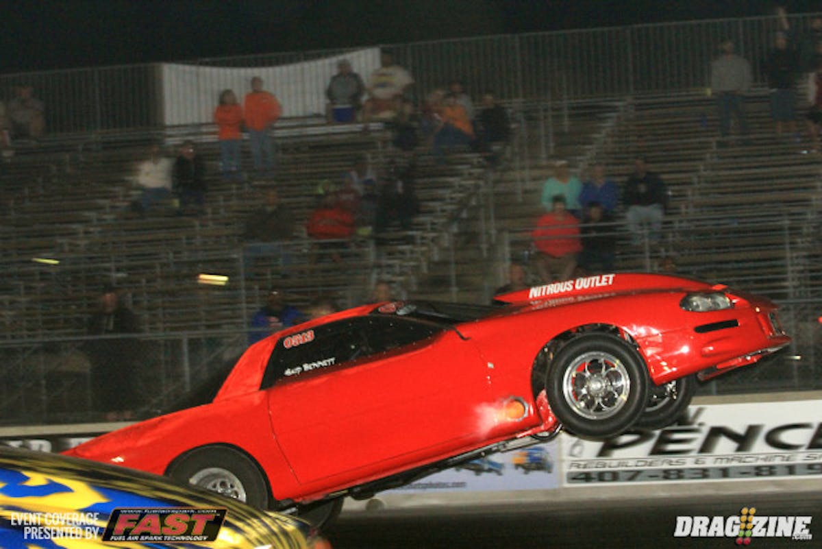 Brian Keep was paired up with ODRC class winner Mike Freeman in Ultra Street qualifying. He rode out this whee lstand dragging sparks near 200 feet before setting it down. He landed tenth with Freeman running a 4,86 at 145 for third place.