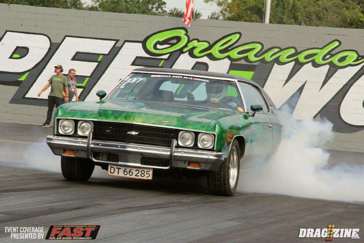 Christian Damgaar is here all the way from Denmark with his 1971 Impala. The came to compete in Drag Week with a 630 ci nitrous huffing big Chevy. Engine management is from an Electromitive with a 4L80e trans. So far in teh us Christian has put five thousand miles on the car and drove to Orlando with is from Ohio.