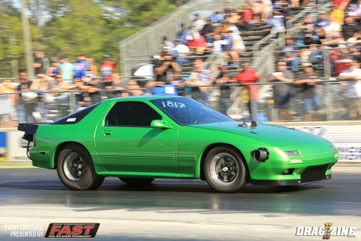 Rick Prospiero leads Heavy Street after two rounds with a 7.29 at 189 MPH using a big Chevy fed by twin turbos in the little RX7.