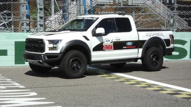 This Oxford White 150 Raptor SuperCab will serve as the splitter vehicle during the Ford EcoBoost 400 Sprint Cup race this weekend, while a Lightning Blue F-150 SuperCrew Raptor will set the pace to the green flag. (Photo Credit: Ford Motor Company)