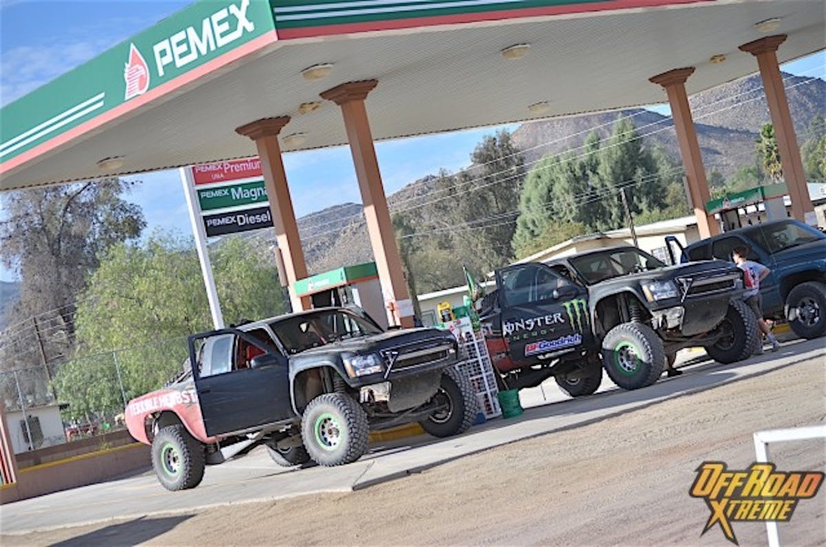 If you thought having to stop at a gas station on a road trip was rough, you should see it in a prerunner. After every section depending on length the trucks would be splashed with fuel from the chase truck or head to the gas station to fill up.