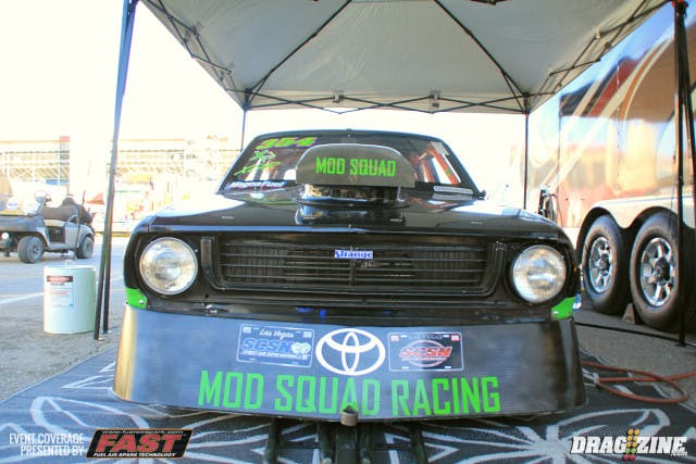 Mod Squad Racing out of Canada runs this little Chevy powered 74 Corolla. We spoke with David Knoph about the car which is driven by his son Devon. The team runs 275 Radial in Canada and is running Magnafuel XDR this weekend. They have a new engine just put in the car last week, moving from a 354 cubic inch NASCAR style build to a 434 topped with a Brodix aluminum block heads and three nitrous stages. The cold track temps last night left a lot of cars struggling with the surface and Knoph was no exception, qualifying with a 6.21 at 95 MPH after getting out of shape early.