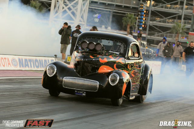 In Outlaw 10.5 qualifying last night this 41 Willy's had a wild ride on the top end, spinning around and just brushing the wall in a display of great driving and a bit of luck the only damage was a scrape on the rear fender.