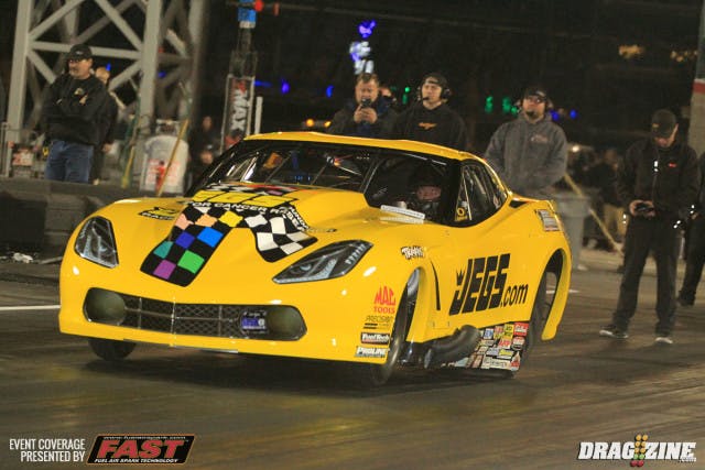 Pro Mod had many racers struggle with the surface including Troy Coughlin in the Jeg's 2015 Corvette who was half the first pair out in class last night with the track temp in the mid 50's. 
