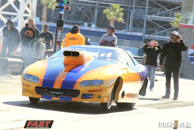 Perry Tonin hails from Drafton Valley, Alberta with this 2002 Camaro using a Reher Morrison nitrous engine for power. He managed a 4.88 at 162 this round.