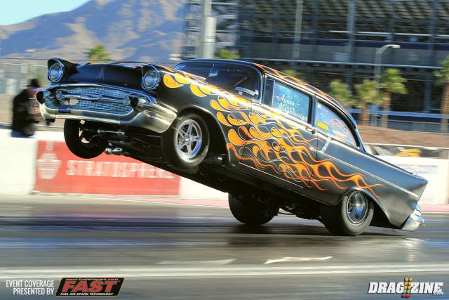 Armen Maghdessian is always a crowd pleaser with his wheel standing 57 Chevy. Today was no exception as he rode this one out to a 4.96 at 149 landing thirteenth in the field.