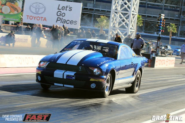 Low ET so far goes to Greg Henschell leads the field with a 4.550 at 163 followed by Ryan Jones and Mark Meiering (shown) who put up a 4.77 at just 150 MPH to land third in his 2007 Shelby. Look for more from Meiering this weekend.
