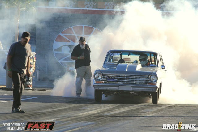 Mike Silva leads the Procharger 235 Limited class with his Chevy II with a 5.65 at 125 MPH. These little tires are tricky to hook so these cars have high mile per hour through the traps for their ET.