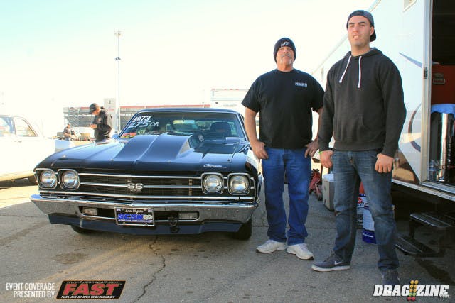Andy Dodge is another NMCA West Ultra Street racer with a 1969 Chevelle he has owned for thirty three years. He is running Mickey Thompson 275 Radial and ran his personal best 5.58 at 125 MPH. He runs a QMP Racing big Chevy topped with a multi-entry plate. He recently swapped to a power glide transmission which has allowed Dodge to run quicker than with the stock geared TH 400.  Andy is one of five brothers who all race under the Dodge Racing banner out of Acton, California. Andy shown with his son Anthony on the right.