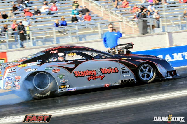 We have just one more qualifying session today before going into round one eliminations tonight. In Flying A Outlaw Pro Mod the sandbagging John Stanley let it eat some today moving up to top qualifier carding a 5.685 at 257 MPH. Tommy Johanns was able to improve to a 5.97 at  250, moving up two positions to fourth qualifier in the class.