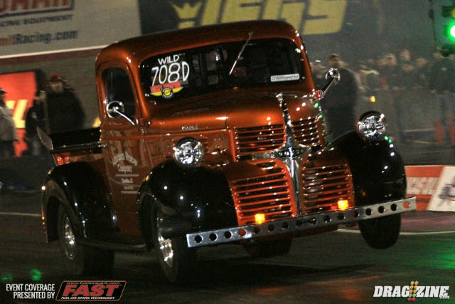 Doug Driggers kept the front end down in his round one match with Thomas Marshall scoring a 4.99 at 147, which I believe is his first pass in the fours with the  single turbo '46 Dodge Pickup.