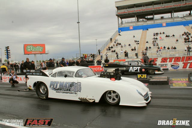 Tommy Johanns and Eric Peterson were the first pair out in Outlaw Pro Mod this morning.  Johanns got into tire shake near one hundred feet out and was forced to pedal allowing Peterson to get out front. He put up his best of weekend 6.20 at 238 to earn the win to Johanns' 6.42 at 230 MPH.