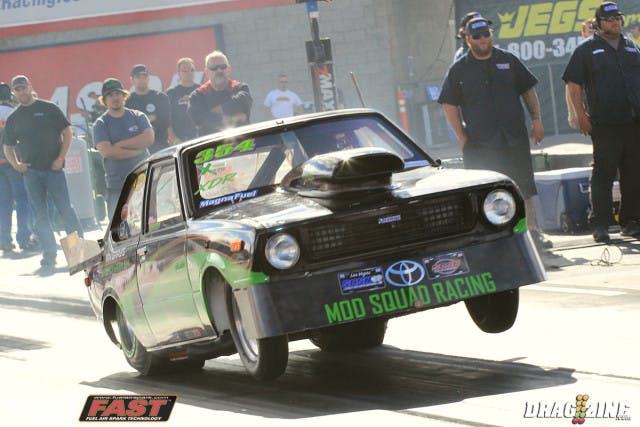 Devon Knoph advanced to round three in Magnafuel XDR running a 5.53 at 128 after a long wheelie