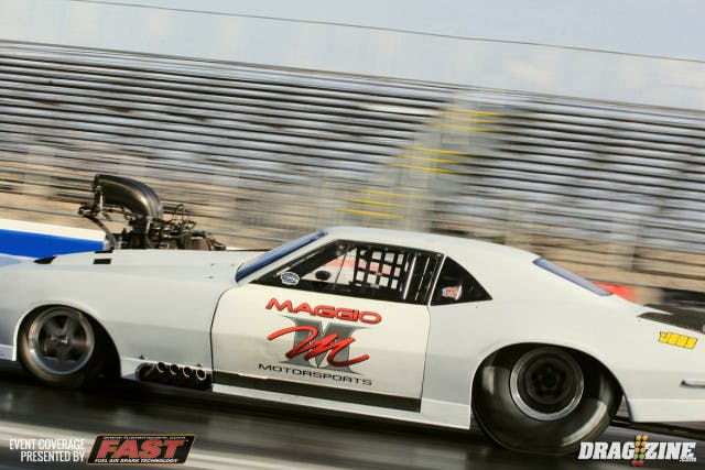 Round two of Outlaw Pro Mod saw Mike Maggio paired with Rob Moore's Frankenpala. Maggio ran a 5.78 at 260 taking the round as Moore struck the tires and shutting it down.