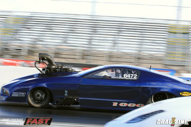 In Precision Turbo Pro Mod round two Sidnei Frigo faced off with Garrett Richards' Supercharged 2012 Shelby. Richards was away first putting up a 5.94 at 243 but could not hold off the PLR powered  TT Vette of Frigo made another good run scoring a 5.74 at 259 and the round win.
