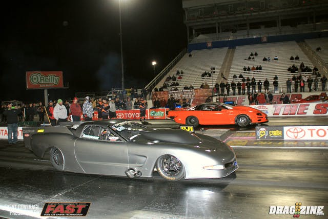 Morrow Brothers Ford Radial vs the World had Roger Holder's Camaro meet up with Mike Keenan in the Corvette. Holder had lane choice with a 4.10 at 191 on a single from the semis and left first but fell off pace with a wiggle down track slowing to a 4.37 at 188 MPH giving him the best seat to watch Keenan motor on to the win with a 4.110 at 196 MPH, high MPH for the class this weekend.