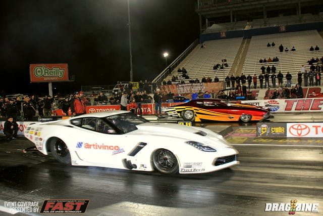 Precision Turbo Pro Mod would be Mike Bowman vs Sidnei Frigo with Frigo gettign away first but running into trouble getting out of shape before half track. Oak Hills, California based Bowman got in a clean hit running a 5.788 at 259 MPH to score the class win in his twin turbocharged 1969 Chevelle.